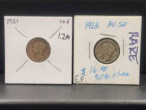 lot 217 image: 1921 and 1923 (rare) Mercury silver dimes