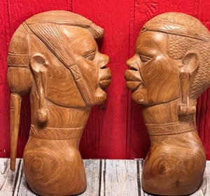 lot 46 image: Two Vintage 12 Hand Carved Wooden Tribal Figure Busts