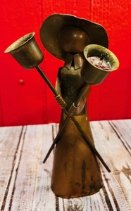 lot 57 image: Unique Brass Woman in Dress and Wide Brimmed Hat Candle Holder Made By PCB in Mexico
