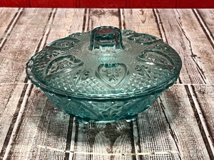 lot 67 image: Vintage KIG 7 Aqua Candy DishBowl W Lid - Depression Glass