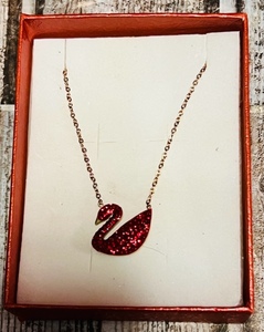 lot 130 image: New Swan With Red Stones Pendant on Stainless Steel Chain - In Gift Box