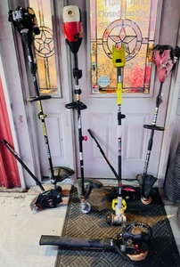 lot 146 image: Three Gas-Powered Weed Eaters(Ryobi, Craftsman,&amp Homelite), One Cordless Ryobi(No Battery), Two Edging Attachments, &amp a Craftsmen Leaf Blower