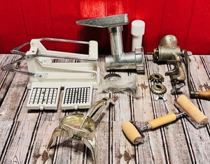 lot 158 image: Cheese Slicer, Meat Grinding Blender Attachment, Vintage Mouli Shredder, &amp Antique Universal No. 1 Meat Grinder