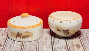 lot 159 image: Vintage Western Designed Serving Bowls Decorated With Ranch Brands
