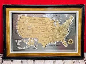 lot 180 image: Framed 21 x 14-12 Mid-Century Gold Foil Map of the United States