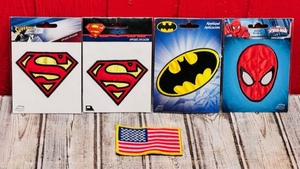 lot 182 image: Two Superman &amp One Batman and Spider-Man Iron On Patches W American Flag Patch