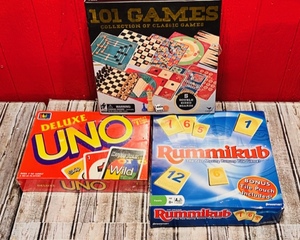 lot 189 image: Three Board Games - Uno (New in Sealed Box), Rummikub, &amp 101 Games