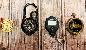 lot 204 image: Lot of Two Pocket Watches (Kaco 17 jewels, &amp Concepts), One Dickies Belt Clip Watch, &amp One Eddie Bauer Stop Watch