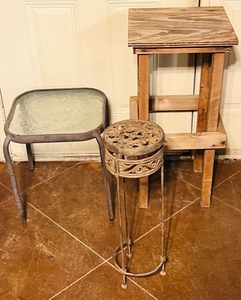lot 249 image: Two Outdoor Tables &amp One Vintage Cast Iron Planter Stand