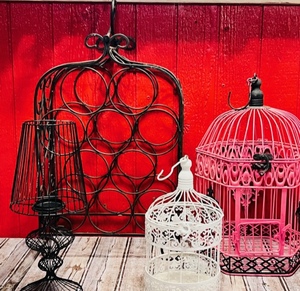 lot 296 image: Ornate Metal Countertop Wine Bottle Rack, Two Bird Cages, &amp Candle Lamp
