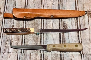 lot 299 image: Vintage Schrade Uncle Henry  No. 167Fillet Knife WLeather Sheath &amp Chicago Cutlery 62S Utility Knife