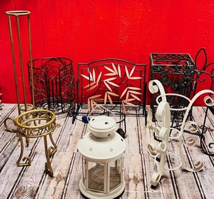 lot 300 image: Lot of 8 Ornate Metal Plant Stands, Paper Towel Holder, Lantern &amp Book Stand