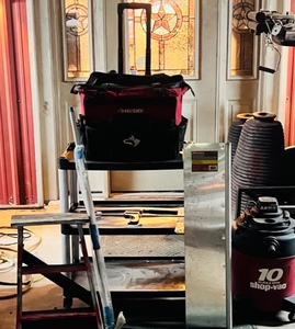 lot 304 image: Three Tiered Roll Around Cart WStep Ladder,Paint Spray Shield, Shop Vac, Two Large Metal Squares, & Husky Roll Around Tool Bag WContents