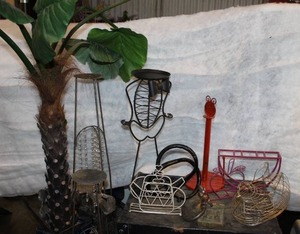 lot 21 image: Variety of Metal Home Decorations in various shapes, styles, and colors as shown, and artificial Palm Tree