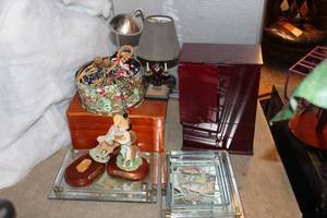 lot 25 image: Dresser TopVanity Dcor and costume jewelry as shown in pictures
