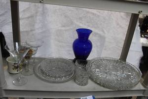 lot 97 image: Vintage Glass Platters, Cobalt Blue Vase, and Stemware and more