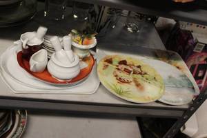 lot 147 image: Misc Decrative Plates, Platters, Small Orange Slag Glass Vase and more  see photos