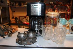 lot 233 image: Working Coffee Maker, Silver Plate Creamer and Sugar set Canister and 2 mugs