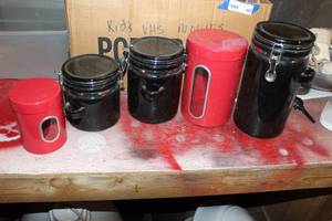 lot 447 image: Various Canisters, Red & Black, Ceramic and Metal