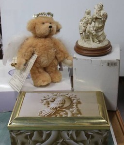 lot 59 image: Guardian Angel Bear Limited Edition, Jesus, Mary, and Joseph Music Box, Silver Candle holders