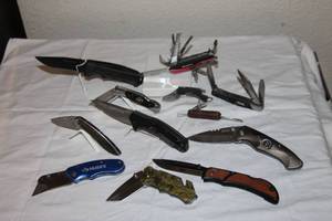 lot 64 image: Pocket Knives Kilimanjaro, Allarto, Husky, Outdoor Edge, Wood handled, Old timer, Kershaw,  Klein Tools, and Montana Artisan brands