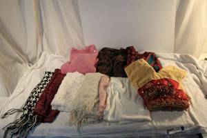 lot 96 image: Womens Clothes Scarfs and sweaters (size M-XL) plus hand towels