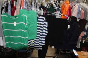 lot 89 image: Womens Clothes sweater, tops, pants, Talbots fleece lined jacket with tags size M