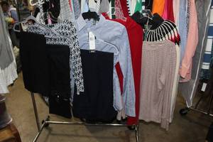 lot 128 image: Womens Clothes Lee pants, Lauren and Talbots tops and sweaters Red, black and blue