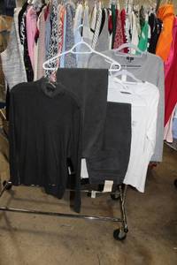 lot 130 image: Womens Clothes black, white and grey, Talbots and Lauren sweaters and pants some with tags