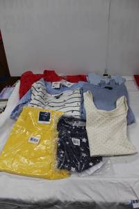 lot 134 image: Womens Clothes blue and red tops, yellow pants size 12