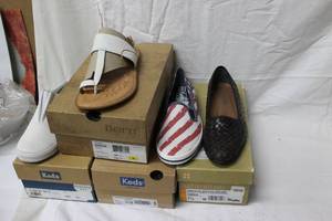 lot 220 image: Womens Shoes (4) total- (2) Keds size 7.5, (1) Naturalizer checker brown 7.5, (1) Born Sandal size 8