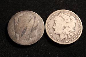 lot 9 image: (2) Morgan Silver Dollar Coronet Head Coins 1899, 1901