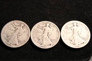 lot 13 image: (3) 1917 Walking Liberty Half Dollar Coins