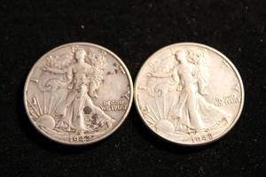 lot 17 image: (2) 1942 Walking Liberty Half Dollar Coins