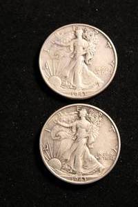 lot 27 image: (2) 1943 Walking Liberty Half Dollar Coins