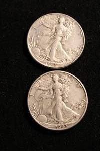 lot 28 image: (2) 1943 Walking Liberty Half Dollar Coins