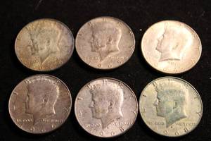 lot 30 image: (6) Kennedy Half Dollar Coins 1-1964 silver, 2-1965, 1-1966, 2-1968