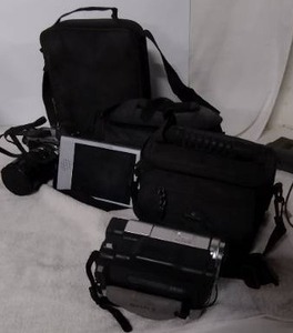 lot 39 image: Sony Video Camera Recorder CCD-TRV138, Pocketvision LCD color TV, Olympus Camera, accessories, and  bag