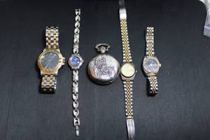 lot 212 image: Watch Selection Quartz Passages Mens two-tone band, MarcoMax Blue face waterproof Quartz, Womens Quartz with crystal face, Womens Seiko with two-tone band, and Quartz Pocket Watch