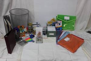 lot 250 image: Office Lot mesh trash bin, printer labels, notepads, pens, clips, calculator, metal dog paperclips and more