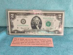 lot 111 image: 1976 $2 bill with U.S. Post Office cancellation stamp