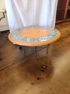 lot 235 image: Tabletop with beautiful fruit motif in blue on a tera cotta background -Table base included - 33D x 17H - Bldg. J