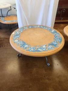 lot 160 image: Tabletop with beautiful fruit motif in blue on a tera cotta background -Table base included - 42D x 20H - Bldg. J