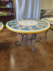 lot 190 image: Round tabletop featuring cornucopias of fruit with nice crackling -Table base included - 49D x 30H - Bldg. J