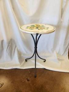lot 34 image: Artist signed tabletop with sunflowers on crackled background of off-white -Table base included - 19D x 28H - Bldg. J