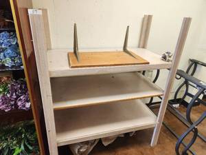 lot 57 image: Wooden retail display rack with 4 shelves and 1 endcap shelf - 50w x 26D x 60H - Bldg. J