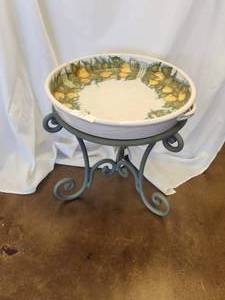 lot 74 image: What a Pear - Beautiful handled basin is adorned in pears (20D) and sits atop a galvanized iron base - Bldg. J