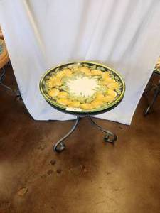 lot 76 image: Richly hand painted ceramic platter spotlighting lemons on a cobalt blue background (20D) sits on galvanized iron base. can be used as wall art also - Bldg. J