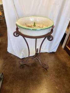 lot 77 image: Large handled basin adorned with irises (18D) sits atop a galvanized iron base - Bldg. J