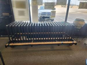 lot 19 image: Incredibly sturdy welded iron and wood storage rack on wheels. Great for warehouseshop organizing